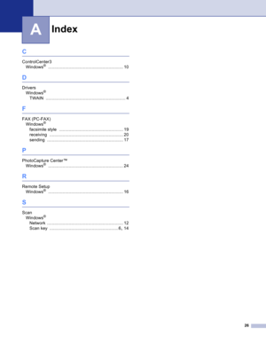 Page 29
Index
26
A
C
ControlCenter3Windows® .............................................................. 10
D
DriversWindows®
TWAIN .................................................................. 4
F
FAX (PC-FAX)Windows®
facsimile style ..................................................... 19
receiving
 ............................................................. 20
sending
 ............................................................... 17
P
PhotoCapture Center™ Windows®...