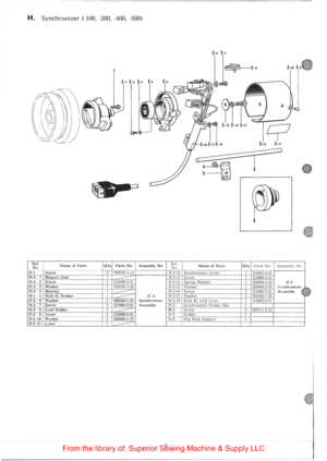 Page 12H. Synchronizer (-100,  -200, -400, -500) 
2-1 2-2 2-J 2-4 
. 11 ,_, ,_,. ,_, L? 
2-18 2-112-16 2-12 2-11 
~ 
Ref. Name of Parts Qty Parts No. Assembly No Ref. Name of Pnr ts Qty !arts No. Assembly No. 
No.  No. 
H-1 Screw 2 009781-4-12 H-2-12 Synchroruzer Co,·er I  218941-0-01 H-2· 1 Magne t  Stud I 
---
H-2-13 Screw 1 216880-0-01 H-2 -2 Screw 1 215083-0-01 H-2-14 Spring Washer 1 028060-2-43 11-2 H -2 -3 Washer 1 025030-3-:15 1-1-2-15 Washer I  025060 3-35 S}'nchroni:r.~r H
-2· 4 Bearing 1 
-----...