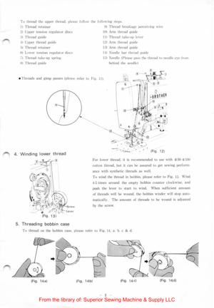 Page 7To thread the upper thread. please follow the following  steps. 
1) Thread retainer 
2) l.;pper tension regulator discs 
:~) Thread guide 
·l l t.;ppe r thread guide 
5) Thread retainer 
6J Lower tension regulator disc~ 
7) Thread ta ke·up spring 
H) Thread guide 
9) Thread breakage percetnng wire 
I 0) Arm thread guide 
II) Thread take· up le,·er 
12) Ann thread guide 
I:~) 1
m thread guide 
II) :\eedle bar thread guide 
L)) l\ceclle (!lease pass the thread to needle c~·e from 
behind the  nccclle) 
•...