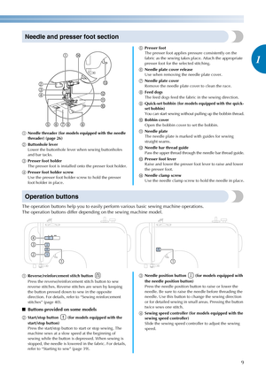 Page 119
1
————————————————————————————————————————————————————————————————————————————————————————————————————————————————————————
Needle and presser foot section
aNeedle threader (for models equipped with the needle 
threader) (page 26) 
bButtonhole lever
Lower the buttonhole lever when sewing buttonholes 
and bar tacks.
cPresser foot holder
The presser foot is installed onto the presser foot holder.
dPresser foot holder screw
Use the presser foot holder screw to hold the presser 
foot holder in...