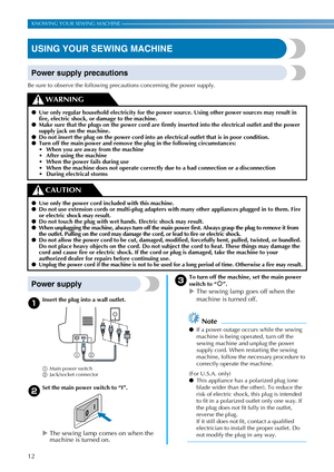 Page 1412
KNOWING YOUR SEWING MACHINE ———————————————————————————————————————————————————————————————————————————————————
USING YOUR SEWING MACHINE
Power supply precautions
Be sure to observe the following precautions concerning the power supply.
Power supply
aInsert the plug into a wall outlet.
aMain power switch
bJack/socket connector
b
Set the main power switch to “I”.
XThe sewing lamp comes on when the 
machine is turned on.
cTo turn off the machine, set the main power 
switch to “
{”.
XThe sewing lamp goes...