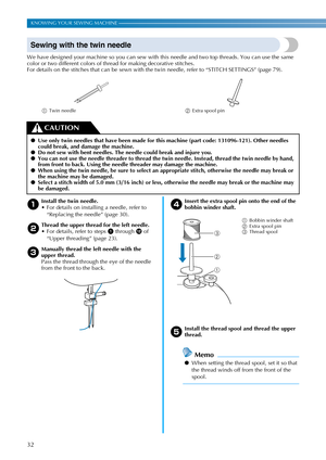 Page 3432
KNOWING YOUR SEWING MACHINE ———————————————————————————————————————————————————————————————————————————————————
Sewing with the twin needle
We have designed your machine so you can sew with this needle and two top threads. You can use the same 
color or two different colors of thread for making decorative stitches.
For details on the stitches that can be sewn with the twin needle, refer to “STITCH SETTINGS” (page 79).
aInstall the twin needle.
 For details on installing a needle, refer to 
“Replacing...