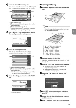 Page 5755
4
fSelect the size of the scanning area.
From the list, touch the key for the size of the original 
to be scanned. For this example, select the A4 size.
aSize selection keys
bTouch to cancel the setting and return to the 
previous screen.
cTouch to scroll through the list.
XAfter the selected key is highlighted, touch the 
“OK” key to finish specifying settings.
gTouch   (for “Scan Resolution”) to display 
the scanning resolution settings screen.
hSelect the scanning resolution.
From the list, touch...