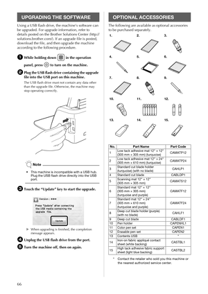 Page 6866
Using a USB flash drive, the machine’s software can 
be upgraded. For upgrade information, refer to 
details posted on the Brother Solutions Center (http://
solutions.brother.com/). If an upgrade file is posted, 
download the file, and then upgrade the machine 
according to the following procedure.
aWhile holding down   in the operation 
panel, press   to turn on the machine.
bPlug the USB flash drive containing the upgrade 
file into the USB port on this machine.
The USB flash drive must not contain...