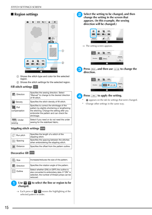 Page 16STITCH SETTINGS SCREEN
15
■Region settings
aShows the stitch type and color for the selected 
region.
bShows the stitch settings for the selected region.
Fill stitch settings 
Stippling stitch settings 
Decorative fill 
aUse   to select the line or region to be 
changed.
Each press of     moves the highlighting of the 
selected pattern in order.
bSelect the setting to be changed, and then 
change the setting in the screen that 
appears. (In this example, the sewing 
direction will be changed.)
The...