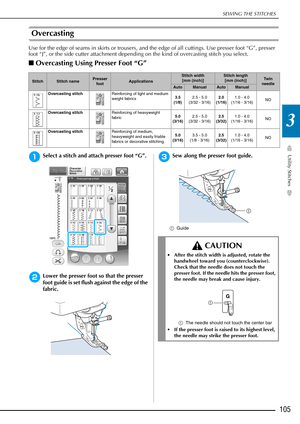Page 107SEWING THE STITCHES
Utility Stitches
105
3
Overcasting 
Use for the edge of seams in skirts or trousers, and the edge of all cuttings. Use presser foot “G”, presser 
foot “J”, or the side cutter attachment depending on the kind of overcasting stitch you select. 
■Overcasting Using Presser Foot “G” 
aSelect a stitch and attach presser foot “G”.
bLower the presser foot so that the presser 
foot guide is set flush against the edge of the 
fabric.
cSew along the presser foot guide.
a Guide
StitchStitch...
