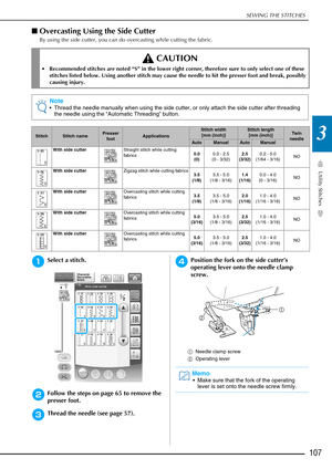 Page 109SEWING THE STITCHES
Utility Stitches
107
3
■Overcasting Using the Side Cutter
By using the side cutter, you can do overcasting while cutting the fabric.
aSelect a stitch.
bFollow the steps on page 65 to remove the 
presser foot.
cThread the needle (see page 57).
dPosition the fork on the side cutter’s 
operating lever onto the needle clamp 
screw.
a Needle clamp screw
b Operating lever
 CAUTION
 Recommended stitches are noted “S” in the lower right corner, therefore sure to only select one of these...