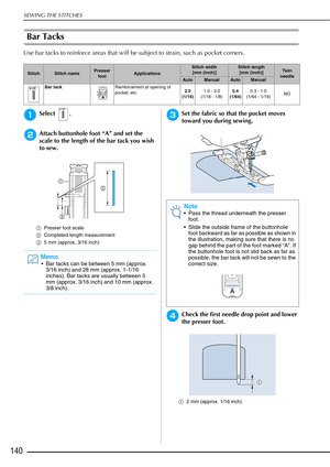 Page 142SEWING THE STITCHES
140
Bar Tacks 
Use bar tacks to reinforce areas that will be subject to strain, such as pocket corners. 
aSelect .
bAttach buttonhole foot “A” and set the 
scale to the length of the bar tack you wish 
to sew.
aPresser foot scale 
b Completed length measurement 
c 5 mm (approx. 3/16 inch)
cSet the fabric so that the pocket moves 
toward you during sewing.
dCheck the first needle drop point and lower 
the presser foot.
a2 mm (approx. 1/16 inch) 
StitchStitch namePresser...