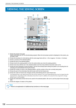 Page 200VIEWING THE SEWING SCREEN
198
VIEWING THE SEWING SCREEN
aShows the presser foot code. 
Attach embroidery foot “W” for all embroidery projects. When the foot presser symbol is displayed on the screen, you 
are able to sew.
b Shows the boundary for embroidering with the extra large frame (30 cm  × 20 cm (approx. 12 inches  × 8 inches)). 
c Shows a preview of the selected pattern. 
d Shows the size of the selected pattern. 
e Shows how far the sewing position is from the center (when you move the sewing...