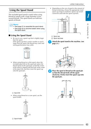 Page 65UPPER THREADING
Getting Ready
63
1
Using the Spool Stand
The included spool stand is useful when using 
thread on spools with a large diameter (cross-
wound thread). This spool stand can hold two 
spools of thread.
■Using the Spool Stand
 Be sure to use a spool cap that is slightly larger 
than the spool.
If the spool cap that is used is smaller or much 
larger than the spool, the thread may catch and 
sewing performance may suffer.
 When using thread on a thin spool, place the  included spool felt on...