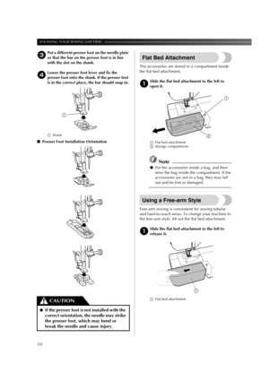 Page 12KNOWING YOUR SEWING MACHINE ——————————————————————————————————————————————
10
3Put a different presser foot on the needle plate 
so that the bar on the presser foot is in line 
with the slot on the shank. 
4Lower the presser foot lever and fix the 
presser foot onto the shank. If the presser foot 
is in the correct place, the bar should snap in.
1Shank
■Presser Foot Installation Orientation
Flat Bed Attachment
The accessories are stored in a compartment inside 
the flat bed attachment.
1Slide the flat...