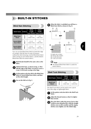 Page 3129
3
BUILT-IN STITCHES
Blind Hem Stitching
You can use the Blind Hem Stitch to finish the edge 
of a project, like the hem of a pair of trousers, 
without the stitch showing. Use the Blind Hem Stitch 
when sewing on non-stretch fabrics, and the Stretch 
Blind Hem Stitch for stretch fabrics.
1Both threads should be the same color as the 
fabric.
2Fold back the hem, as shown in Fig. A. Then 
fold the edge of the fabric as in Fig. B. Leave a 
6 mm (15/64 inch) overlap at the edge.
3Set the pattern selection...