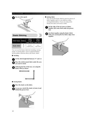 Page 32BUILT-IN STITCHES ——————————————————————————————————————————————————————
30
4Sew at a slow speed.
Elastic Stitching
You can use the Elastic Stitch for mending, sewing 
elastic or joining fabric. Each is explained below. 
Set the pattern selection dial to the Elastic Stitch. 
■Mending
1Set the stitch length dial between “F” and 2.5.
2Place the reinforcement fabric under the area 
you want to mend.
3Following the line of the tear, sew using the 
Elastic Stitch as shown.
■Sewing Elastic
1Place the elastic...