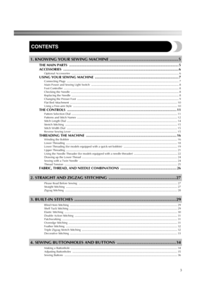 Page 53
CONTENTS
 1. KNOWING YOUR SEWING MACHINE ..........................................................5
THE MAIN PARTS  ............................................................................................................... 5
ACCESSORIES ..................................................................................................................... 6
Optional Accessories...