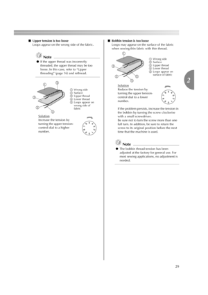 Page 3129
2
■Upper tension is too loose
Loops appear on the wrong side of the fabric.
Note
●If the upper thread was incorrectly 
threaded, the upper thread may be too 
loose. In this case, refer to “Upper 
threading” (page 16) and rethread.
Solution
Increase the tension by 
turning the upper tension-
control dial to a higher 
number.■Bobbin tension is too loose
Loops may appear on the surface of the fabric 
when sewing thin fabric with thin thread.
Solution
Reduce the tension by 
turning the upper tension-...