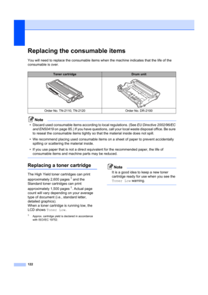 Page 132122
Replacing the consumable itemsB
You will need to replace the consumable items when the machine indicates that the life of the 
consumable is over.
Note
• Discard used consumable items according to local regulations. (See  EU Directive 2002/96/EC 
and EN50419  on page 85.) If you have questions, call yo ur local waste disposal office. Be sure 
to reseal the consumable items tightly so  that the material inside does not spill.
• We recommend placing used consumable items on a sheet of paper to prevent...