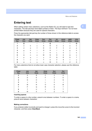Page 155Menu and features145
C
Entering textC
When setting certain menu sele ctions, such as the Station ID, you will need to type text 
characters. The dial pad keys have letters printed on them. The keys:  0, #  and  l do not have 
printed letters because they are used for special characters.
Press the appropriate dial pad key the number of times shown in this reference table to access 
the character you want.
For menu selections that do not  allow lower case character select ion, please use this reference...