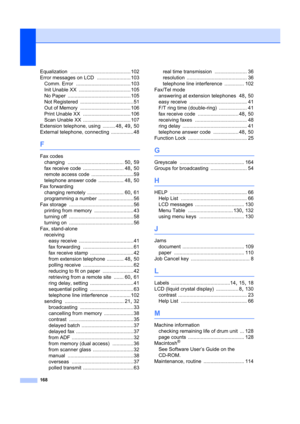 Page 178168
Equalization ........................................... 102
Error messages on LCD
 ........................ 103
Comm. Error
 ....................................... 103
Init Unable XX
 ..................................... 105
No Paper
 ............................................. 105
Not Registered
 ......................................51
Out of Memory
 .................................... 106
Print Unable XX
 .................................. 106
Scan Unable XX...