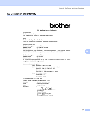 Page 129Appendix (for Europe and Other Countries)
121
B
EC Declaration of ConformityB
  