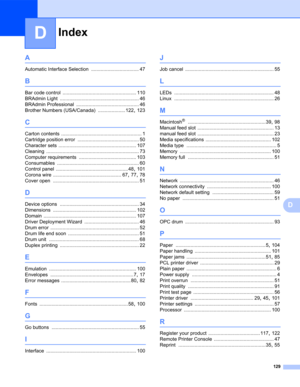 Page 137Index
129
D
D
A
Automatic Interface Selection ................................... 47
B
Bar code control ...................................................... 110
BRAdmin Light
 .......................................................... 46
BRAdmin Professional
 .............................................. 46
Brother Numbers (USA/Canada)
 .................... 122, 123
C
Carton contents ........................................................... 1
Cartridge position error...