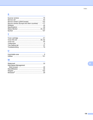 Page 138Index
130
D
S
Scanner window ........................................................ 76
Service call
 ................................................................ 53
Service centers (USA/Canada)
 ............................... 123
Service centres (Europe and other countries)
 ........ 117
Software
 .................................................................... 46
Specifications
 ............................................................ 99
Status Monitor...