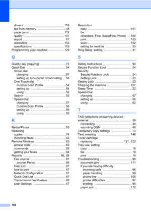 Page 176
166
drivers .................................................153
fax from memory
 ...................................45
paper jams
 ..........................................112
quality
 ..................................................101
report
 .....................................................67
resolution
 ............................................153
specifications
 ......................................153
Programming your machine
 ...................129
Q
Quality key (copying)...