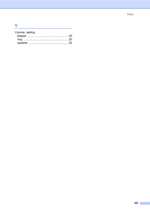 Page 177
Index167
V
Volume, settingbeeper
 ...................................................20
ring
 ........................................................20
speaker
 ................................................. 20 