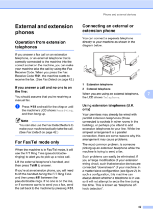 Page 59Phone and external devices
49
7
External and extension 
phones
7
Operation from extension 
telephones7
If you answer a fax call on an extension 
telephone, or an external telephone that is 
correctly connected to the machine into the 
correct socket on the machine, you can make 
your machine take the call by using the Fax 
Receive Code. When you press the Fax 
Receive Code l51, the machine starts to 
receive the fax. (See Fax Detect on page 42.)
If you answer a call and no one is on 
the line:
7
You...