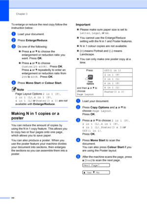 Page 30
Chapter 3
22
To enlarge or reduce the next copy follow the 
instruction below:
aLoad your document.
bPress  Enlarge/Reduce .
cDo one of the following:
„ Press  a or  b to choose the 
enlargement or reduction ratio you 
want. Press  OK.
„ Press  a or  b to choose 
Custom(25-400%) .  Press OK.  
Press  a or  b repeatedly to enter an 
enlargement or reduction ratio from 
25%  to 400% .  Press  OK.
dPress  Mono Start  or Colour Start .
Note
Page Layout Options  2in1(P), 
2in1(L) , 4in1(P) , 
4in1(L)  or...