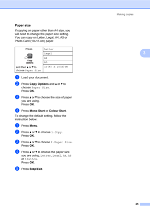 Page 33
Making copies25
3
Paper size3
If copying on paper other than A4 size, you 
will need to change the paper size setting. 
You can copy on Letter, Legal, A4, A5 or 
Photo Card (10×15 cm) paper.
aLoad your document.
bPress  Copy Options  and a or  b to 
choose  Paper Size .
Press  OK.
cPress  a or  b to choose the size of paper 
you are using.
Press  OK.
dPress  Mono Start  or Colour Start .
To change the default setting, follow the 
instruction below:
aPress  Menu.
bPress  a or  b to choose  1.Copy.
Press...