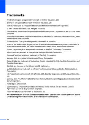 Page 62
54
TrademarksA
The Brother logo is a registered trademark of Brother Industries, Ltd.
Brother is a registered trademark of Brother Industries, Ltd.
Multi-Function Link is a registered trademark of Brother International Corporation.
© 2007 Brother Industries, Ltd. All rights reserved.
Microsoft and Windows are registered trademarks of Microsoft Corporation in the U.S. and other 
countries.
Windows Vista is either a registered trademark or trademark of Microsoft Corporation in the United 
States and/or...