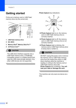 Page 40
Chapter 5
32
Getting started5
Firmly put a memory card or USB Flash 
memory drive into the correct slot.
 
1 USB Flash memory drive
2SD, SDHC
3 Memory Stick
®, Memory Stick Pro™
4 xD-Picture Card™
CAUTION 
The USB direct interface supports only a 
USB Flash memory drive, a PictBridge 
compatible camera, or a digital camera that 
uses the USB mass storage standard. Any 
other USB devices are not supported.
 
Photo Capture  key indications:
 
„Photo Capture  light is on, the memory 
card or USB Flash...