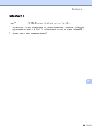 Page 103
Specifications95
D
InterfacesD
1Your machine has a Full-speed USB 2.0 interface. This interface is compatible with Hi-Speed USB 2.0; however, the 
maximum data transfer rate will be 12 Mbits/s. The machine can also be connected to a computer that has a USB 1.1 
interface.
2Third party USB ports are not supported for Macintosh®.
USB12A USB 2.0 interface cable that is no longer than 2.0 m.
Downloaded from ManualsPrinter.com Manuals 