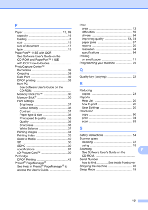 Page 109
101
F
P
Paper ................................................ 13, 89
capacity
 ................................................. 16
loading
 .................................................... 8
size
 ....................................................... 15
size of document
 ................................... 17
type
 ....................................................... 15
PaperPort™ 11SE with OCR
See Software Users Guide on the 
CD-ROM and PaperPort™ 11SE 
with OCR How-to-Guides....