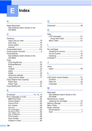 Page 114
Index
106
E
A
Apple MacintoshSee Software Users Guide on the 
CD-ROM.
C
Cleaningpaper pick-up roller
 ............................... 75
print head
 .............................................. 75
printer platen
 ......................................... 74
scanner
 ................................................. 74
Consumable items
 ................................. 103
Control panel overview
 .............................. 6
ControlCenter See Software Users Guide on the 
CD-ROM.
Copy Copy Quality...