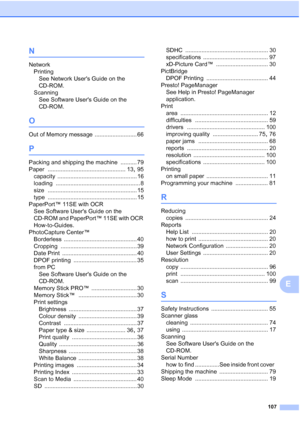 Page 115
107
E
N
NetworkPrinting See Network Users Guide on the 
CD-ROM.
Scanning See Software Users Guide on the 
CD-ROM.
O
Out of Memory message .......................... 66
P
Packing and shipping the machine .......... 79
Paper
 ................................................ 13, 95
capacity
 ................................................. 16
loading
 .................................................... 8
size
 ....................................................... 15
type...