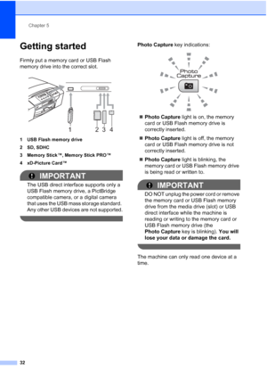 Page 40
Chapter 5
32
Getting started5
Firmly put a memory card or USB Flash 
memory drive into the correct slot.
 
1 USB Flash memory drive
2 SD, SDHC
3 Memory Stick™, Memory Stick PRO™
4 xD-Picture Card™
IMPORTANT
The USB direct interface supports only a 
USB Flash memory drive, a PictBridge 
compatible camera, or a digital camera 
that uses the USB mass storage standard. 
Any other USB devices are not supported.
 
Photo Capture  key indications:
 
„Photo Capture  light is on, the memory 
card or USB Flash...