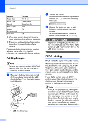 Page 52
Chapter 6
44
„ When your camera does not have any 
menu selections, this setting is also used.
„ The names and availability of each setting 
depends on the specification of your 
camera.
Please refer to the documentation supplied 
with your camera for more detailed 
information on changing PictBridge settings.
Printing Images6
Note
Remove any memory cards or USB Flash 
memory drive from the machine before 
connecting a digital camera.
 
aMake sure that your camera is turned 
off. Connect your camera to...