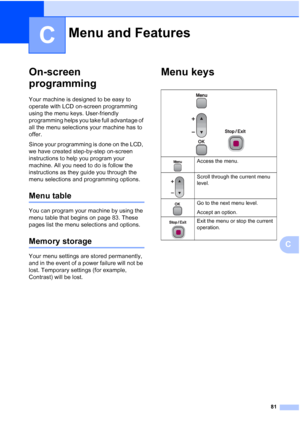 Page 89
81
C
C
On-screen 
programming
C
Your machine is designed to be easy to 
operate with LCD on-screen programming 
using the menu keys. User-friendly 
programming helps you take full advantage of 
all the menu selections your machine has to 
offer.
Since your programming is done on the LCD, 
we have created step-by-step on-screen 
instructions to help you program your 
machine. All you need to do is follow the 
instructions as they guide you through the 
menu selections and programming options.
Menu...