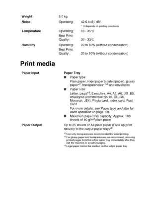 Page 90SPECIFICATIONS   S - 2
Print media
Weight5.0 kg
NoiseOperating: 42.5 to 51 dB*
* It depends on printing conditions
TemperatureOperating:
Best Print 
Quality:10 - 35°C
20 - 33°C
HumidityOperating:
Best Print 
Quality: 20 to 80% (without condensation)
20 to 80% (without condensation)
Paper Input Paper Tray
■Paper type:
Plain paper, inkjet paper (coated paper), glossy 
paper*
2, transparencies*1*2 and envelopes 
■Paper size:
Letter, Legal*3, Executive, A4, A5, A6, JIS_B5, 
envelopes (commercial No.10, DL,...