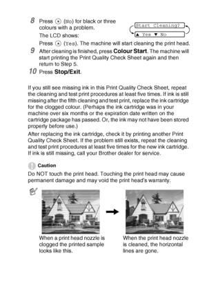 Page 79TROUBLESHOOTING AND ROUTINE MAINTENANCE   6 - 13
8Press  (No ) for black or three 
colours with a problem.
The LCD shows:
Press 
 ( Yes ). The machine will start cleaning the print head.
9After cleaning is finished, press Colour Start. The machine will 
start printing the Print Quality Check Sheet again and then 
return to Step 5.
10Press Stop/Exit.
If you still see missing ink in this Print Quality Check Sheet, repeat 
the cleaning and test print procedures at least five times. If ink is still 
missing...