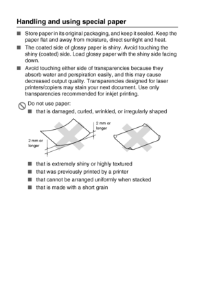 Page 221 - 9   INTRODUCTION
Handling and using special paper
■Store paper in its original packaging, and keep it sealed. Keep the 
paper flat and away from moisture, direct sunlight and heat.
■The coated side of glossy paper is shiny. Avoid touching the 
shiny (coated) side. Load glossy paper with the shiny side facing 
down.
■Avoid touching either side of transparencies because they 
absorb water and perspiration easily, and this may cause 
decreased output quality. Transparencies designed for laser...