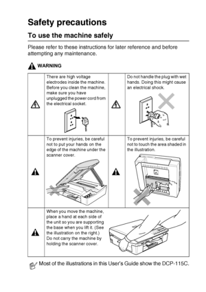 Page 5   iii
Safety precautions
To use the machine safely
Please refer to these instructions for later reference and before 
attempting any maintenance.
WARNING
There are high voltage 
electrodes inside the machine. 
Before you clean the machine, 
make sure you have 
unplugged the power cord from 
the electrical socket.Do not handle the plug with wet 
hands. Doing this might cause 
an electrical shock.
To prevent injuries, be careful 
not to put your hands on the 
edge of the machine under the 
scanner...