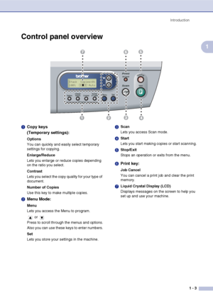 Page 11
Introduction1 - 3
1
Control panel overview
Stack  Copies:01
100%  ……„…… Auto
1 Copy keys
(Temporary settings):
Options
You can quickly and easily select temporary 
settings for copying.
Enlarge/Reduce
Lets you enlarge or reduce copies depending 
on the ratio you select.
Contrast
Lets you select the copy quality for your type of 
document.
Number of Copies
Use this key to make multiple copies.
2  Menu Mode:
Menu
Lets you access the Menu to program.
 or 
Press to scroll through the menus and options.
Also...