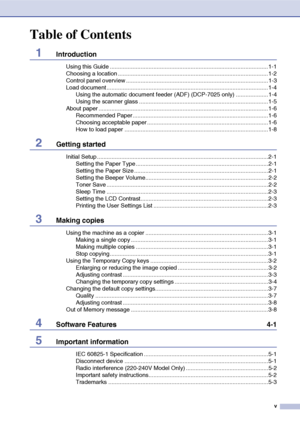 Page 7v
Table of Contents
1Introduction
Using this Guide ..................................................................................................1-1
Choosing a location .............................................................................................1-2
Control panel overview ........................................................................................ 1-3
Load document ....................................................................................................1-4Using...