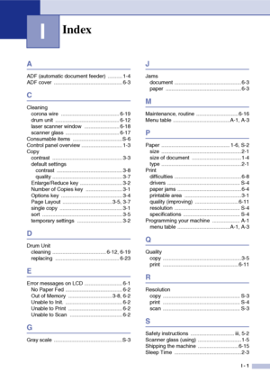 Page 69I - 1
I
A
ADF (automatic document feeder)  .......... 1-4
ADF cover  ............................................... 6-3
C
Cleaningcorona wire  ........................................ 6-19
drum unit  ............................................ 6-12
laser scanner window  ........................ 6-18
scanner glass  ..................................... 6-17
Consumable items  ..................................S-6
Control panel overview ............................ 1-3
Copy contrast...