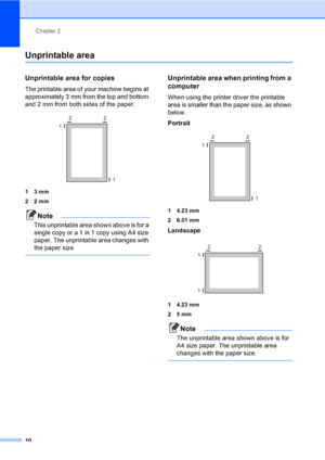 Page 16Chapter 2
10
Unprintable area2
Unprintable area for copies2
The printable area of your machine begins at 
approximately 3 mm from the top and bottom 
and 2 mm from both sides of the paper.
 
13 mm
22 mm
Note
This unprintable area shown above is for a 
single copy or a 1 in 1 copy using A4 size 
paper. The unprintable area changes with 
the paper size.
 
Unprintable area when printing from a 
computer
2
When using the printer driver the printable 
area is smaller than the paper size, as shown 
below....