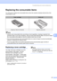 Page 73Troubleshooting and routine maintenance
67
B
Replacing the consumable itemsB
You will need to replace the consumable items when the machine indicates that the life of the 
consumable is over.
Note
• Discard used consumable items according to local regulations, keeping it separate from 
domestic waste. If you have questions, call your local waste disposal office. Be sure to reseal 
the consumable items tightly so that the material inside does not spill.
• We recommend placing used consumable items on a...