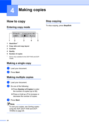 Page 30
22
4
How to copy4
Entering copy mode4
 
1 Stack/Sort 1
2 Copy ratio and copy layout
3 Contrast
4Quality
5 Number of copies
1Sort is only available for the DCP-7040 and DCP-
7045N.
Making a single copy4
aLoad your document.
bPress  Start.
Making multiple copies4
aLoad your document.
bDo one of the following:
„ Press  Number of Copies  to enter 
the number of copies (up to 99).
„ Press or hold  a or  b to increase or 
decrease the number of copies.
cPress  Start.
Note
To sort your copies, see  Sorting...