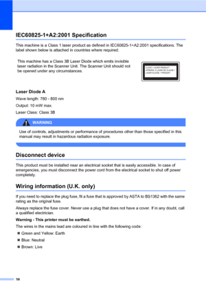 Page 46
38
IEC60825-1+A2:2001 SpecificationA
This machine is a Class 1 laser product as de fined in IEC60825-1+A2:2001 specifications. The 
label shown below is attached in countries where required.
Laser Diode AA
Wave length: 780 - 800 nm
Output: 10 mW max.
Laser Class: Class 3B
WARNING 
Use of controls, adjustments or performance of  procedures other than those specified in this 
manual may result in hazardous radiation exposure.
 
Disconnect deviceA
This product must be installed near an electrical  socket...